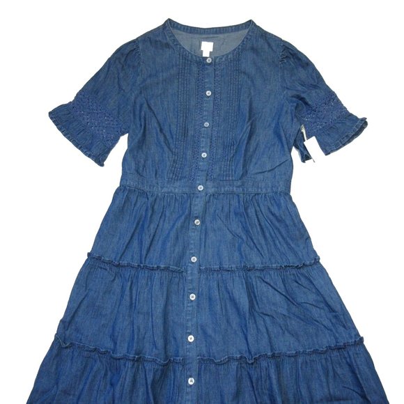 NWT Gap × LoveShackFancy Denim Tiered Midi in Dark Wash Chambray Dress XS $158 - Picture 3 of 6